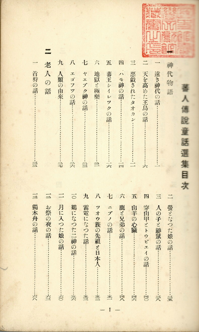 《蕃人傳說童話選集》目次