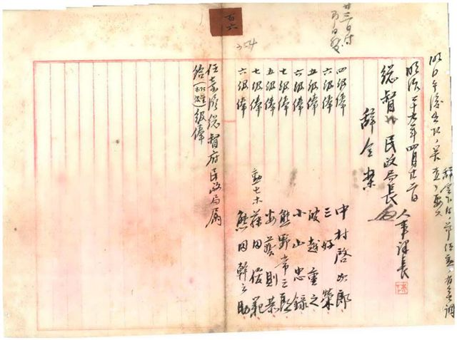 圖1：臺灣總督府任命中村啟次郎等8人為民政局官員的原始檔案