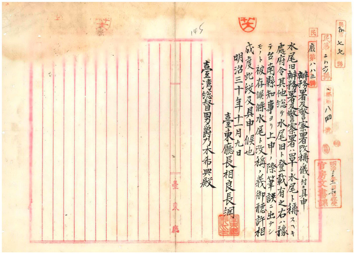 圖1：臺東廳長相良長綱陳請臺灣總督乃木希典將「水尾舊」改為「水尾」。（000001230160154）