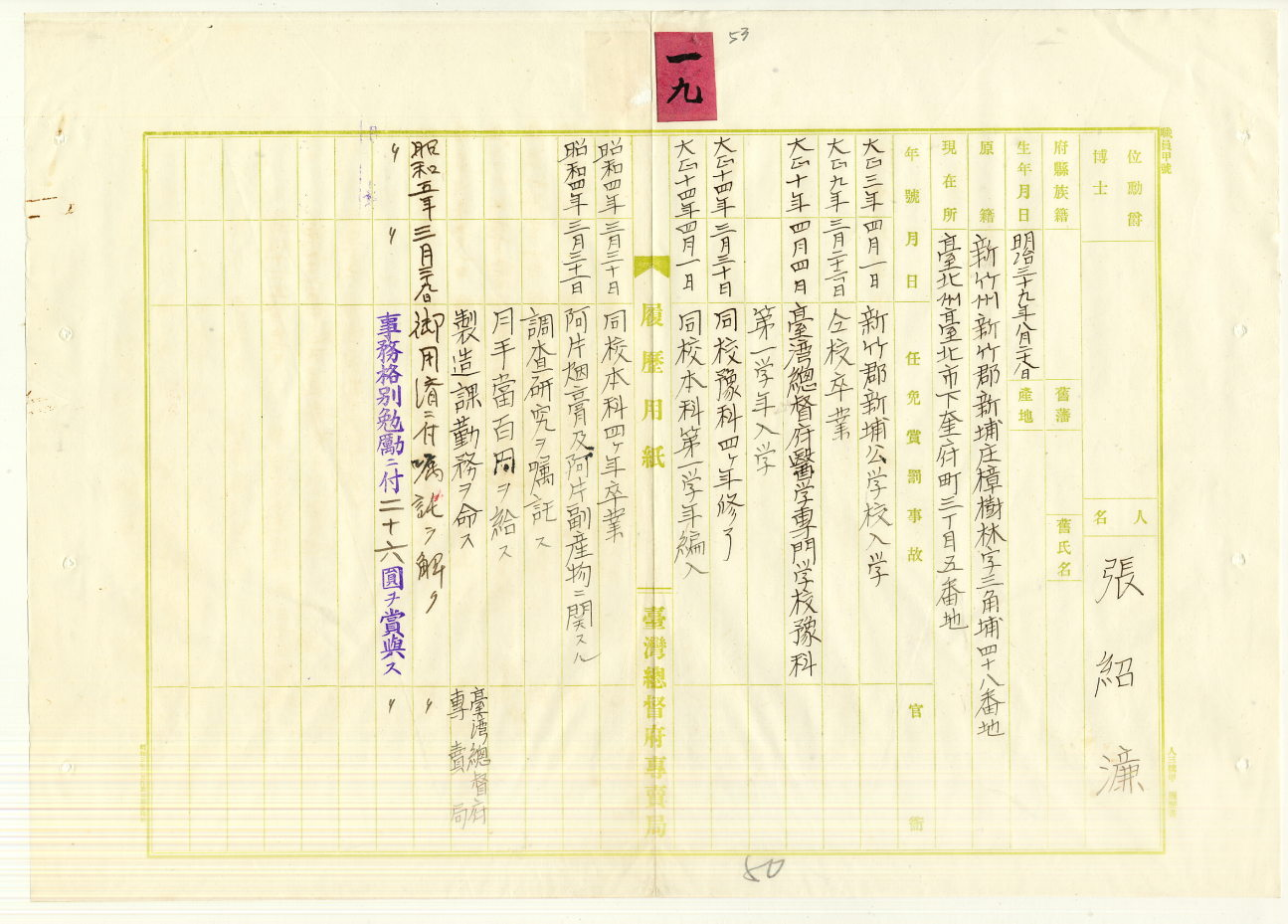 圖1：張紹濂履歷書，典藏號：00112607019