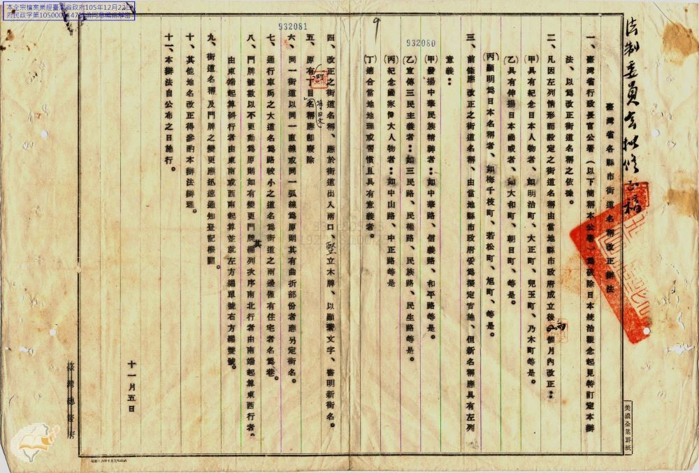 圖1：1945年11月臺灣省行政長官公署所公布「臺灣省各縣市街道名稱改正辦法」（掃描號：031100350009）。