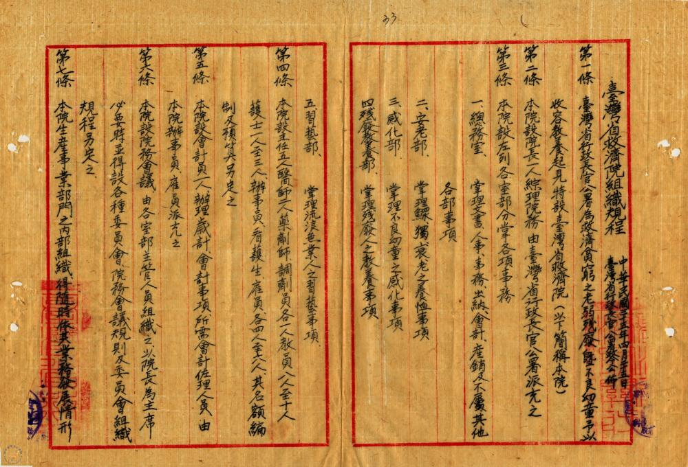 圖1：臺灣省救濟院組織規程1。資料來源：臺灣省救濟院組織規程，「臺灣省救濟院組織規程電送核備案」（1946-05-27），〈各單位組織規程〉，《臺灣省行政長官公署》，國史館臺灣文獻館，典藏號：00301200021005。