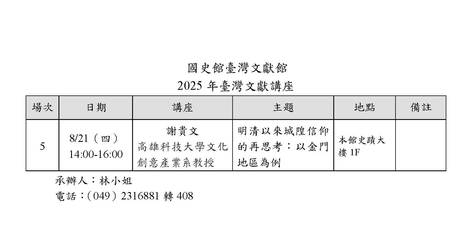 圖1：2025年臺灣文獻講座一覽表