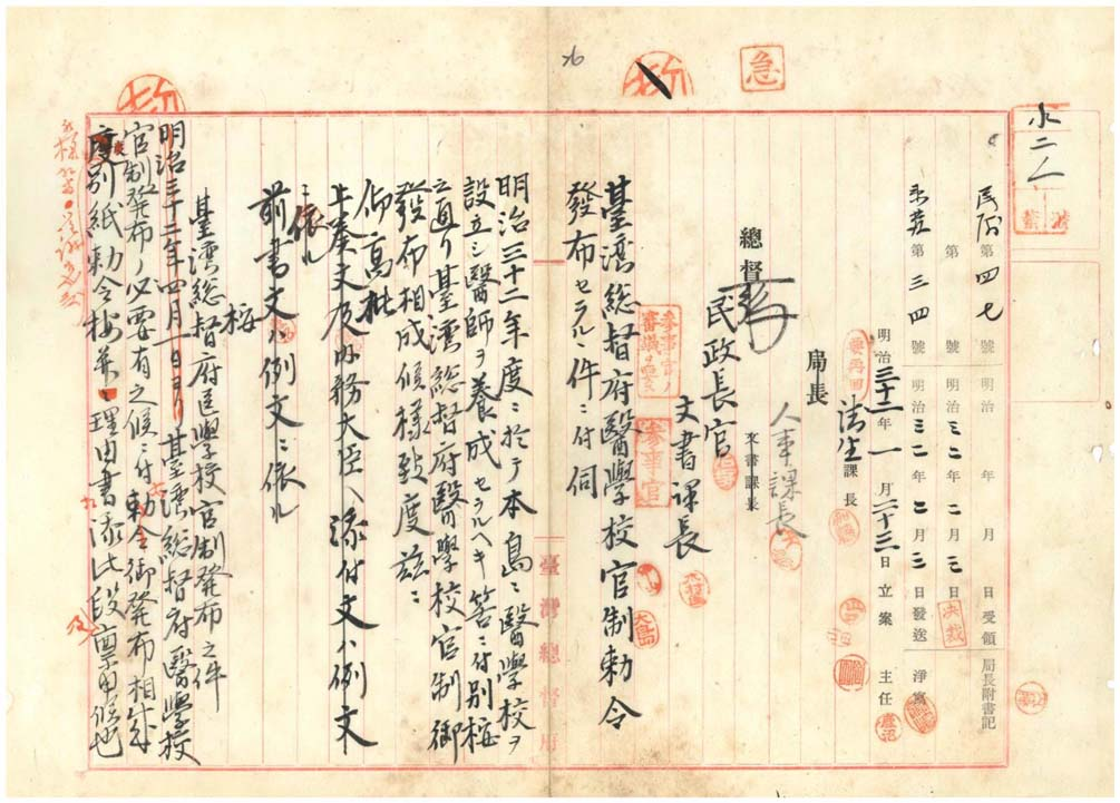 圖1：總督府衛生課於明治32（1899）年1月23日擬案簽請發布「臺灣總督府醫學校官制」，於臺灣設立醫學校（臺灣總督府檔案掃描號:000004240020026）