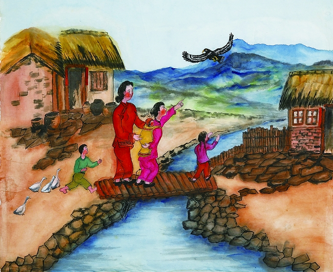 彌月之喜，滿月「鴟鴞（老鷹）飛上山，囝子快做官」/陳豐章繪