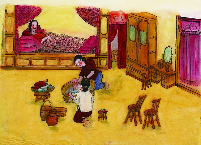 「嬰兒出生三天以後洗澡」/陳豐章繪