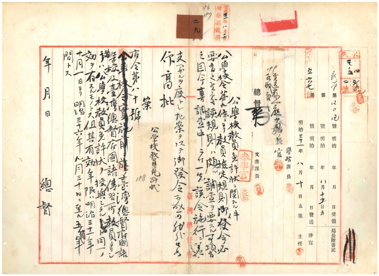 圖1、公學校教員許可證相關之件府令80號(臺灣總督府檔案000002550290198)