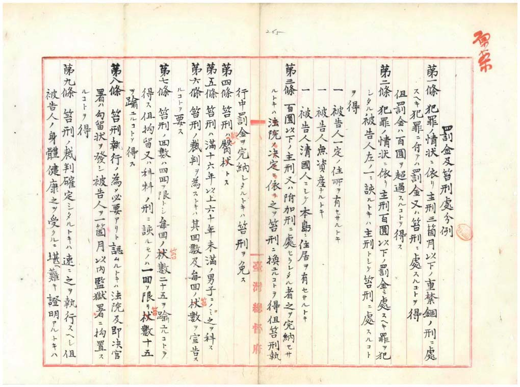 圖二：總督府法務課所擬「罰金及笞刑處分例」原案(一)（臺灣總督府檔案000009980170267）