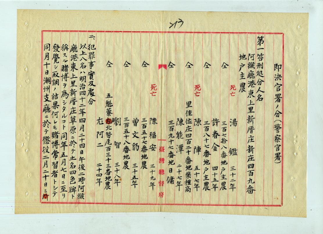 圖十一：陳福安、湯鑑、陳陣三名賭博犯受處笞刑後死亡之案情及處分始末報告書（一）（臺灣總督府檔案000111070320214）