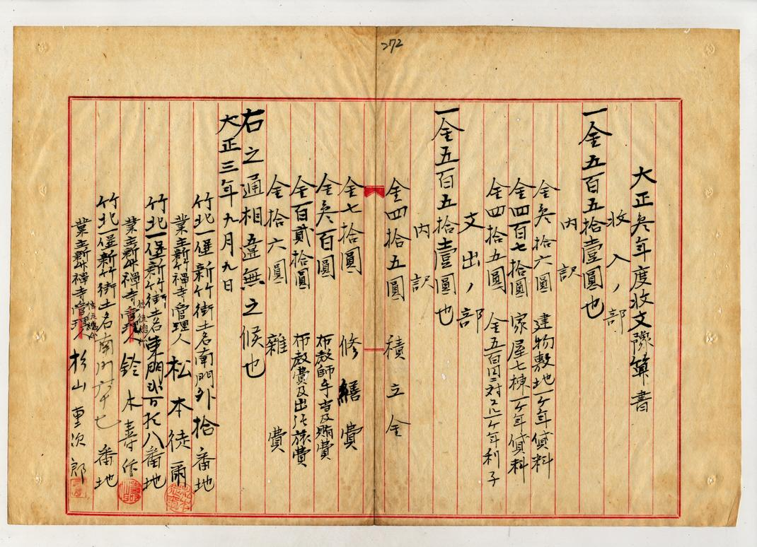 圖5：新竹禪寺大正3（1914）年度收支預算書（臺灣總督府檔案000057700330276）