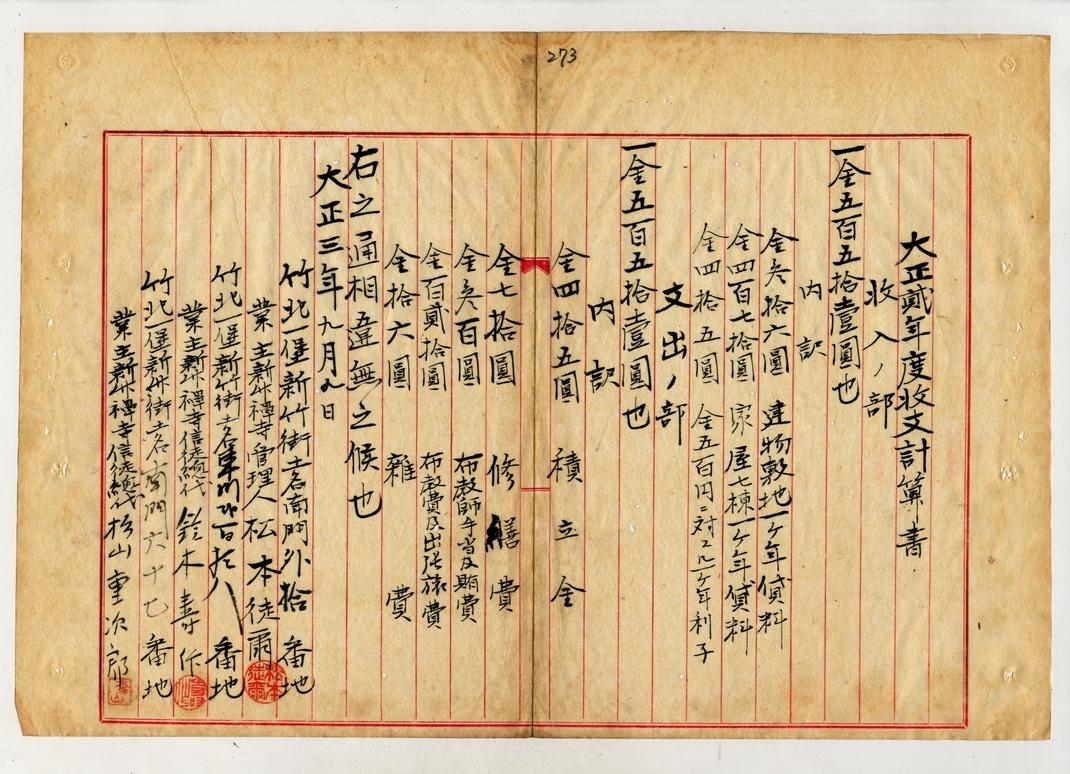 圖6：新竹禪寺大正2（1913）年度收支計算書（臺灣總督府檔案000057700330277）