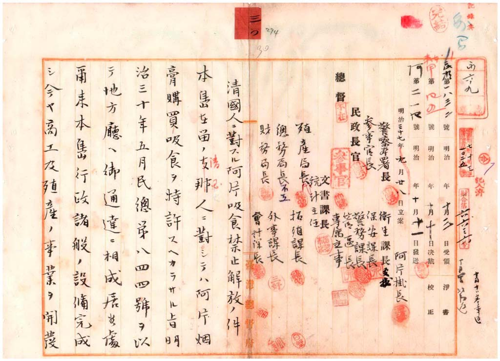 圖3：船舶乘組清國人ノ攜帶スル阿片吸食器具ニ關シ各稅關長ヘ依命通達ノ件(臺灣總督府公文類纂000009690300295)