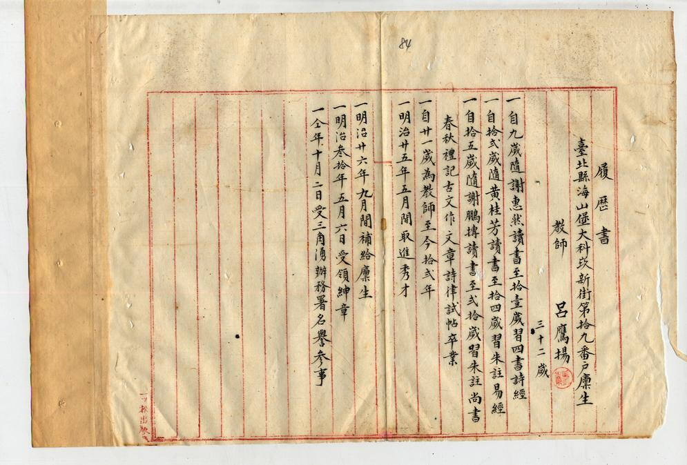 圖2：臺北國語傳習所雇用呂鷹揚為雇員案（原臺北縣）（臺灣總督府公文類纂000092730230084）