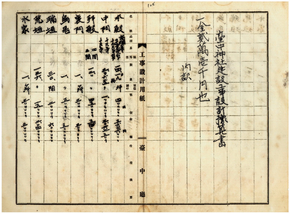 圖4：臺中神社建設工程設計預算書（臺灣總督府公文類纂000017960150099）