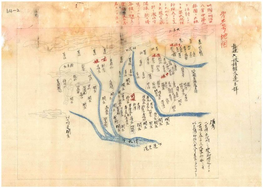 圖5：鳳山縣知事木下周一陳請轄下辦務署名稱、位置及管轄區域所附之六堆手繪圖。（臺灣總督府檔案掃描號：000001230090069）