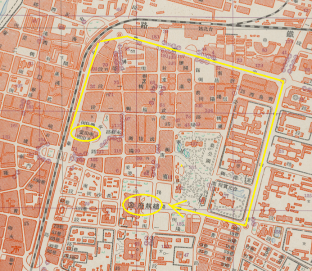 圖8：總統府和中山堂的相對位置及車隊可能遊行路線（底圖為1952年臺北市地圖，取自中央研究院臺灣百年歷史地圖網站）