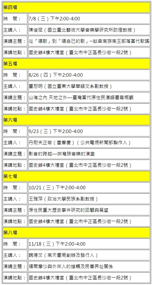 本館104年原住民系列專題講座場次表