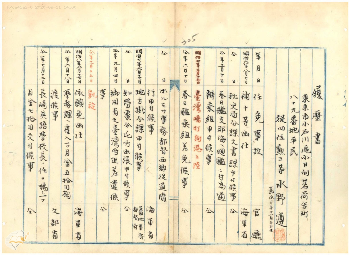 圖1：水野遵履歷書，掃描號：000001490160305