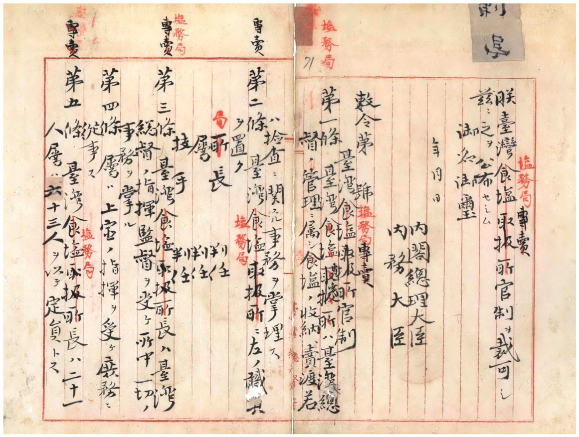 圖7：「臺灣鹽務局官制」案條文（一）（臺灣總督府檔案掃描號：000003480060071）