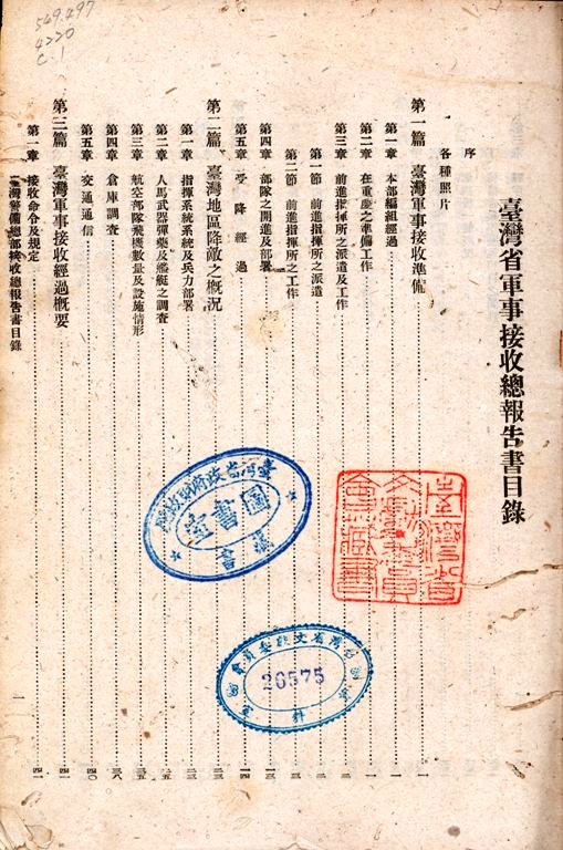 圖一(目錄頁，上有臺灣省政府財政廳與臺灣省文獻委員會的戳章)