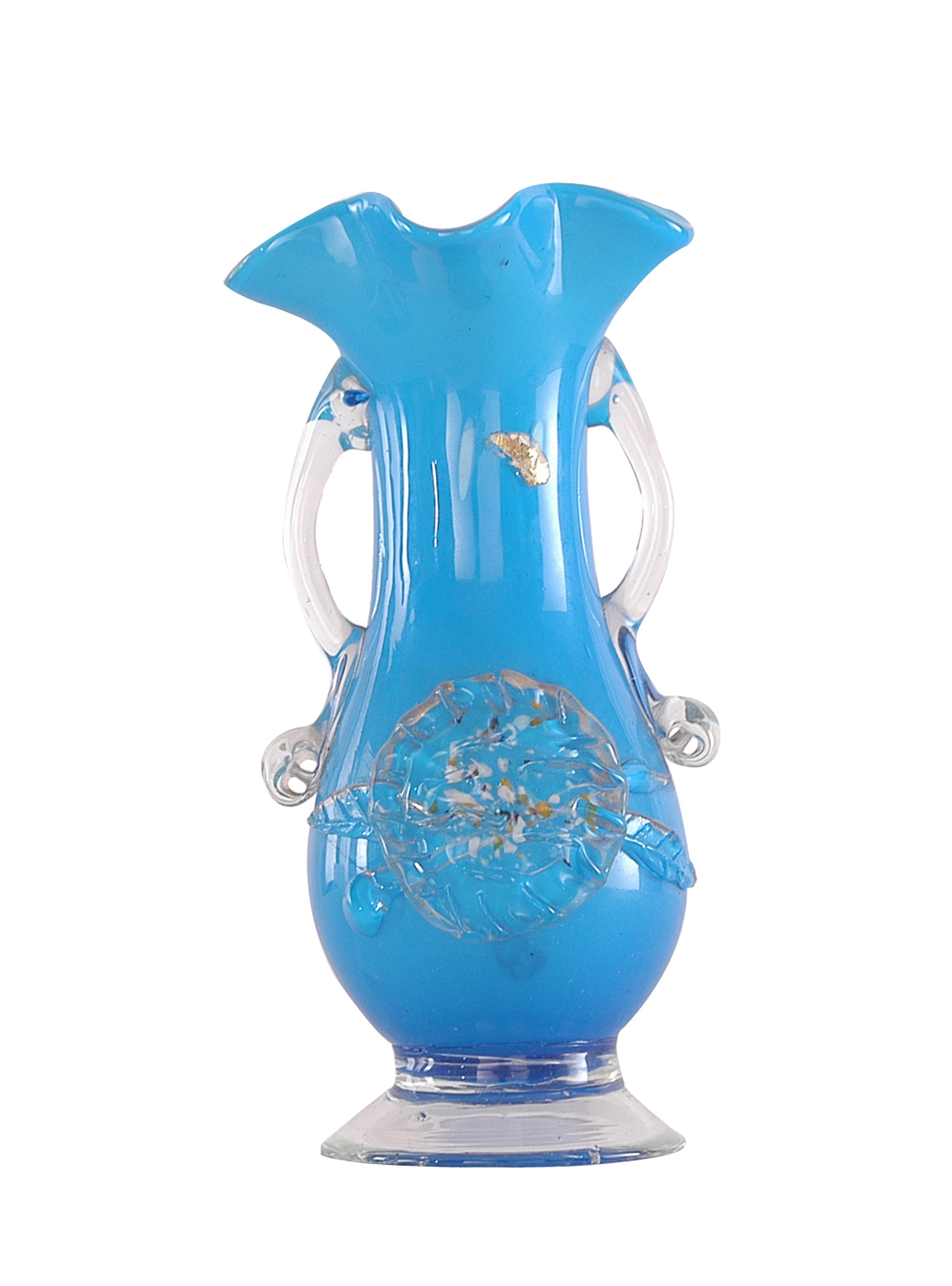 圖2：水藍色雙繫耳浮雕花卉紋細頸玻璃花瓶（館藏，登錄號：19920010170） 