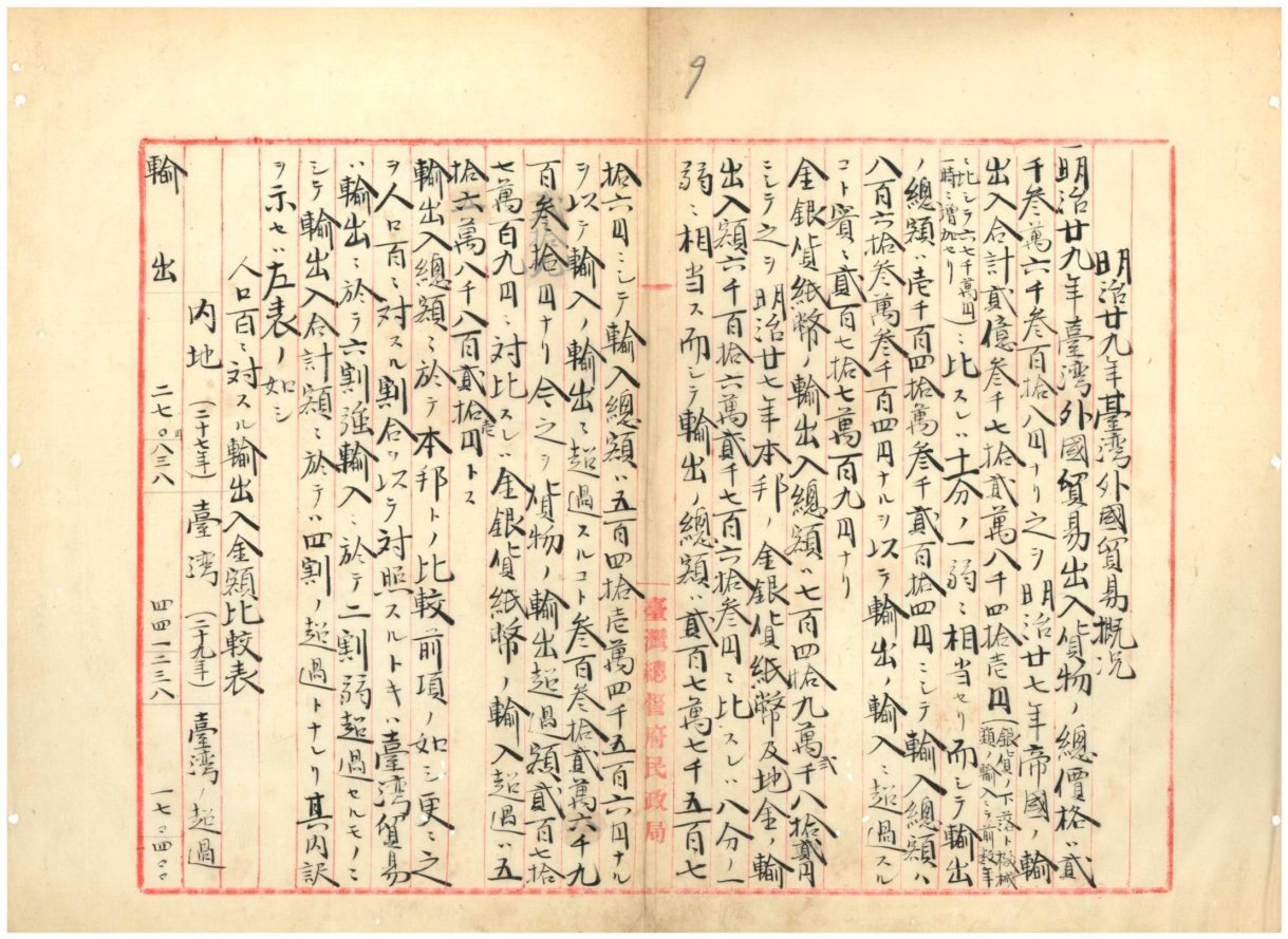 圖4:「明治二十九年外國貿易概況并輸出入表」《臺灣總督府檔案》，典藏號：00000150002。