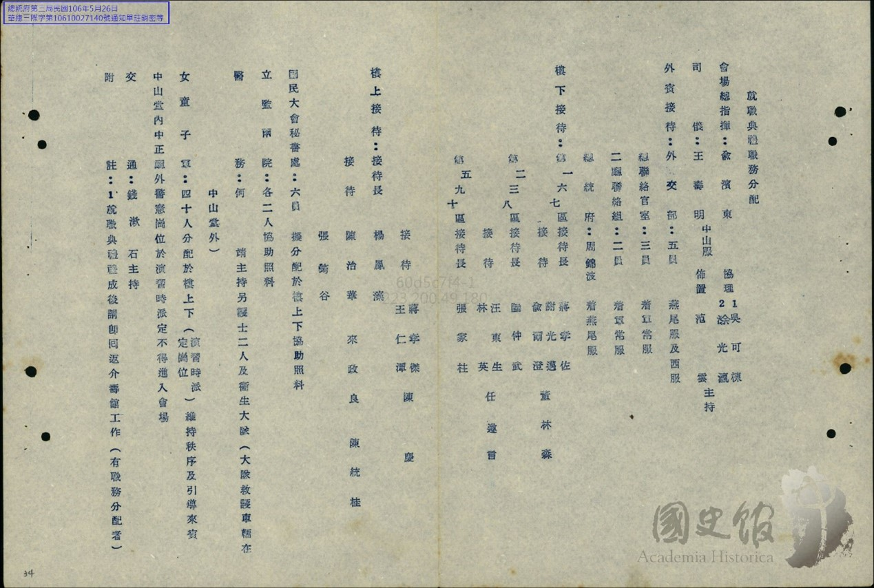 圖14：典禮的工作人員職務分配，〈中、美總統就職典禮參考資料〉，《總統府》，國史館藏，數位典藏號：011-070400-0029。