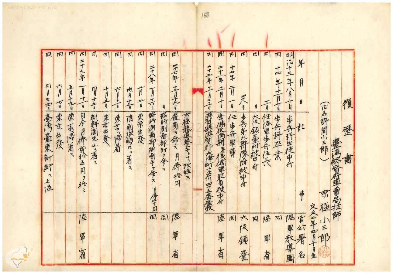 圖2：京極小三郎履歷：「京極小三郎普通恩給證書下賜」（1925-10-01），〈大正十四年臺灣總督府公文類纂永久保存第十七卷秘書〉，《臺灣總督府檔案．總督府公文類纂》，國史館臺灣文獻館，典藏號：00003881010。