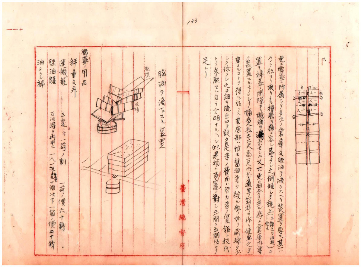 圖4：樟腦油製成滴下裝置（臺灣總督府公文類纂掃描號00000330012136）