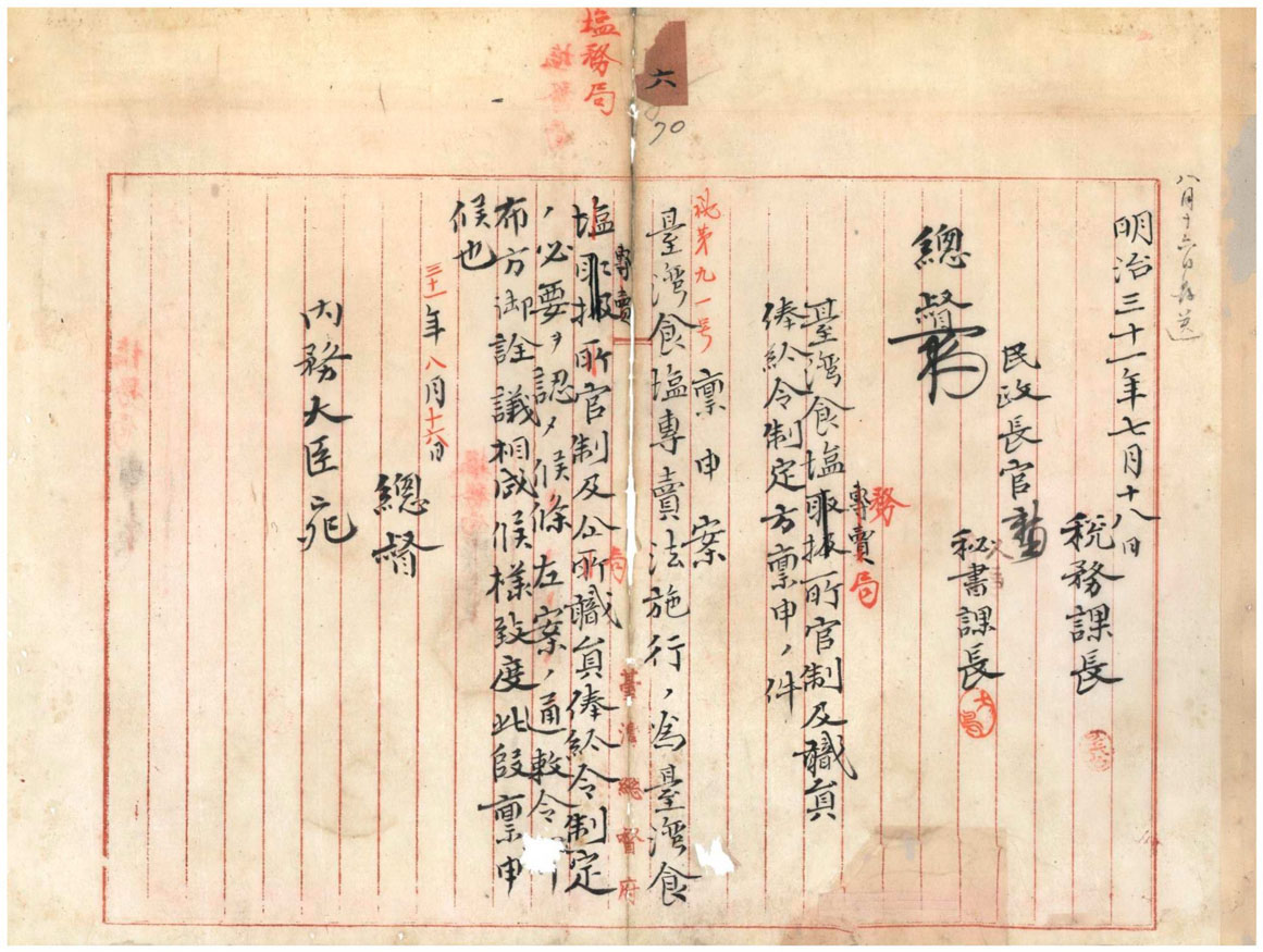 圖6：總督府稅務課擬案簽請制定「臺灣鹽務局官制」（臺灣總督府檔案掃描號：000003480060069）