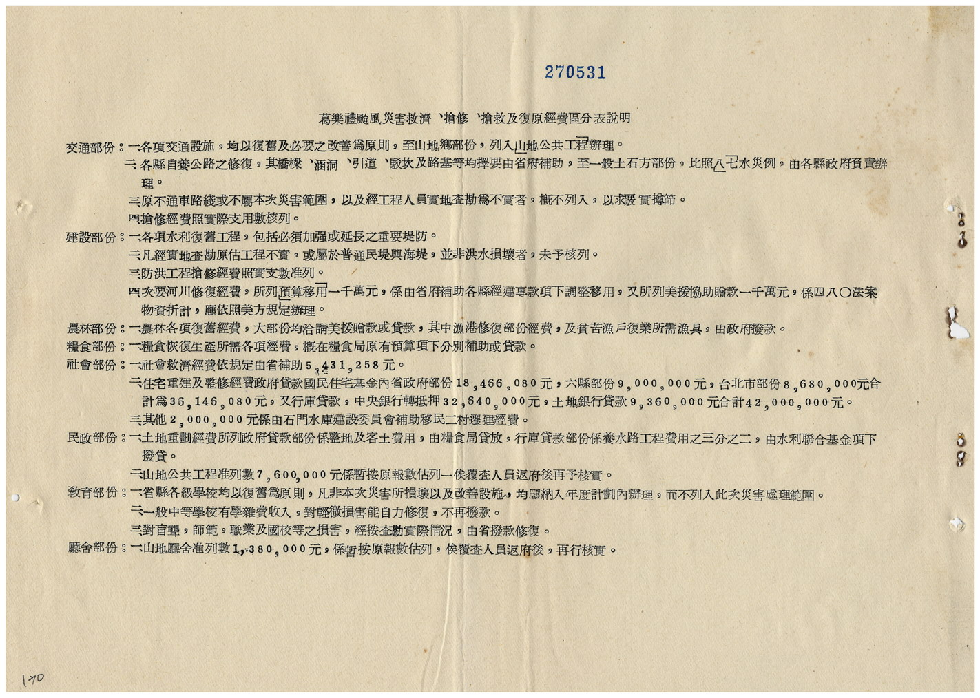 臺灣省政府葛樂禮颱風災害救濟、搶修、搶救及復原經費區分表說明(省府委員會議第784次,掃描號5201078407840130)