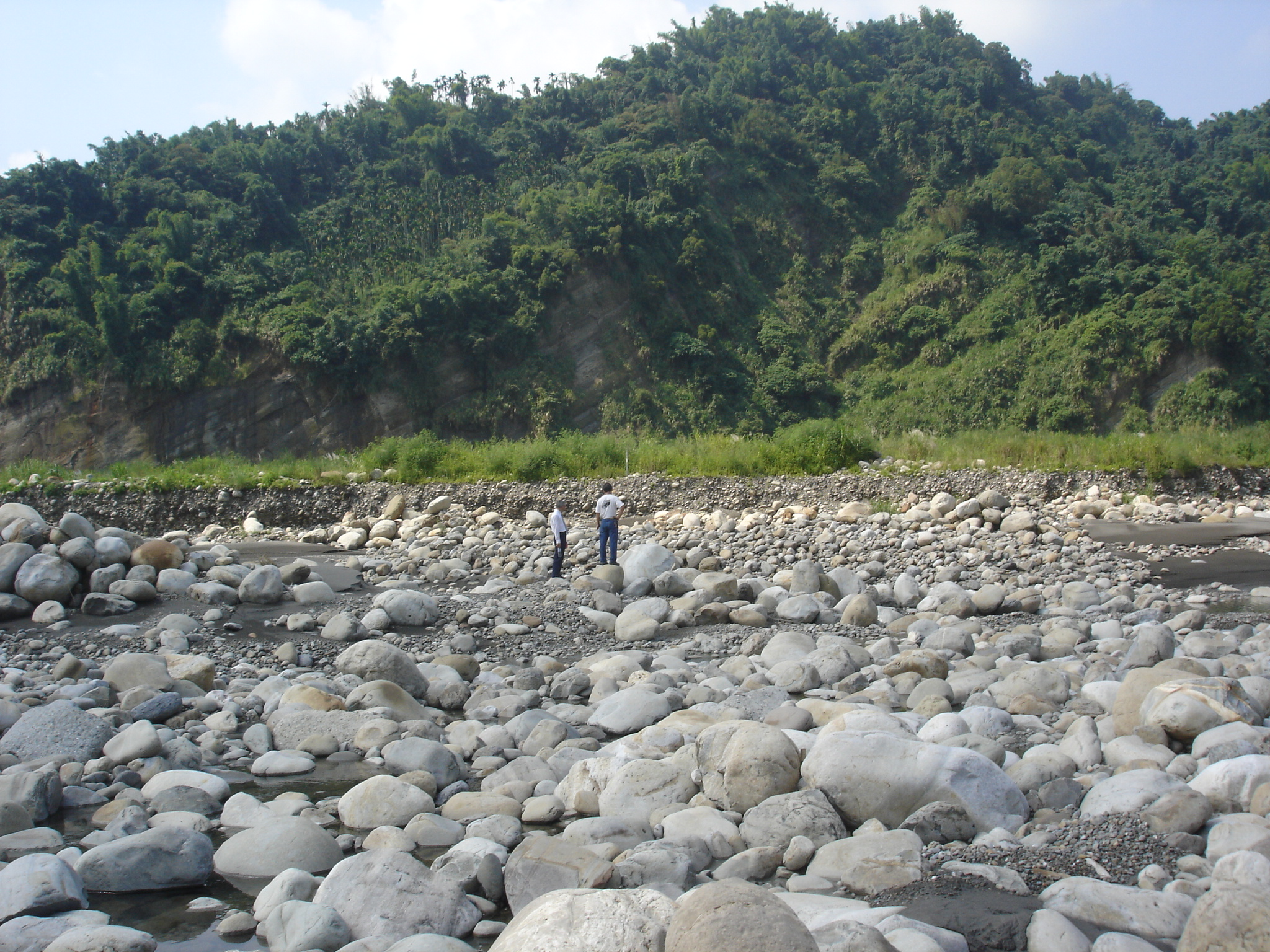 在烏溪取石時，許慶福先生與本館人員進行選石