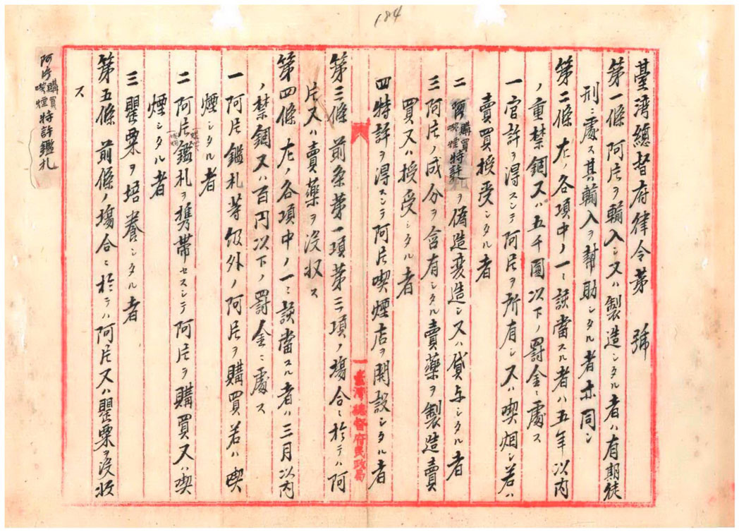 圖3:鴉片相關刑罰令之律令案案稿(臺灣總督府檔案000001330250155)